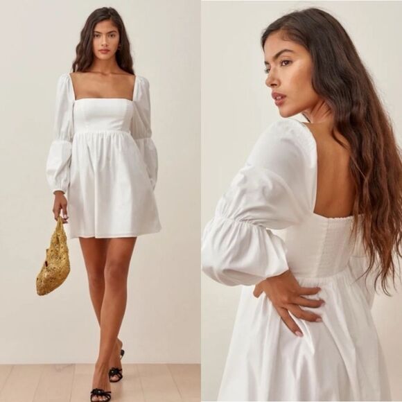 Reformation Michaela Mini White Puff Sleeve Dress Size 10 - Picture 1 of 10